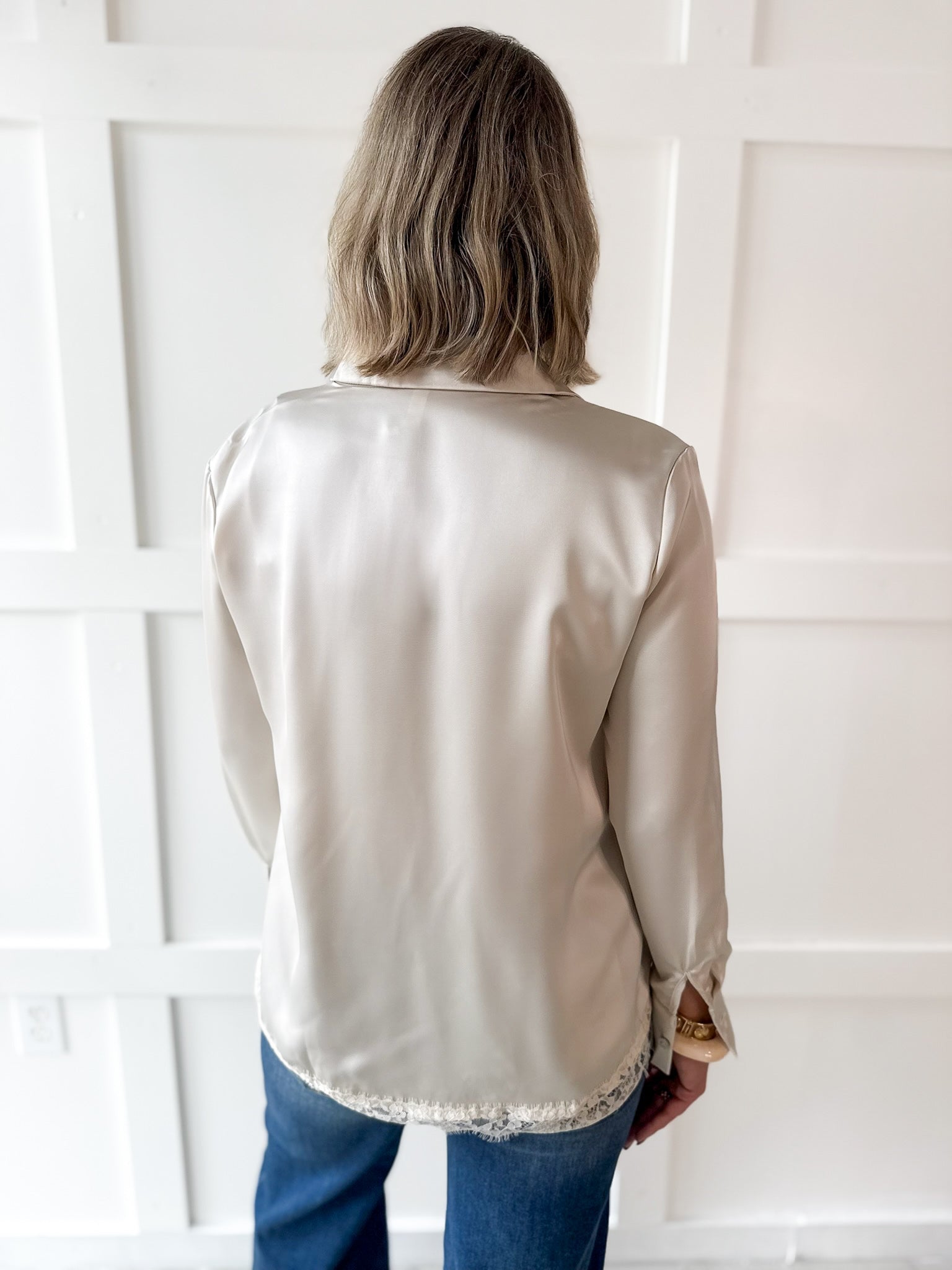 Lace Satin Effect Shirt- Ivory