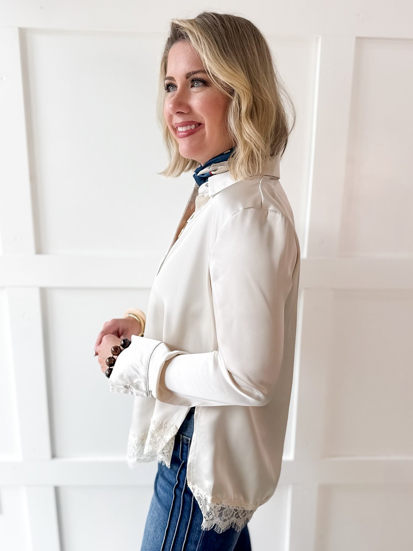Lace Satin Effect Shirt- Ivory