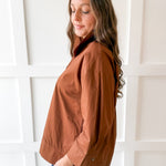 Lapel Collar Poplin Top - Brown
