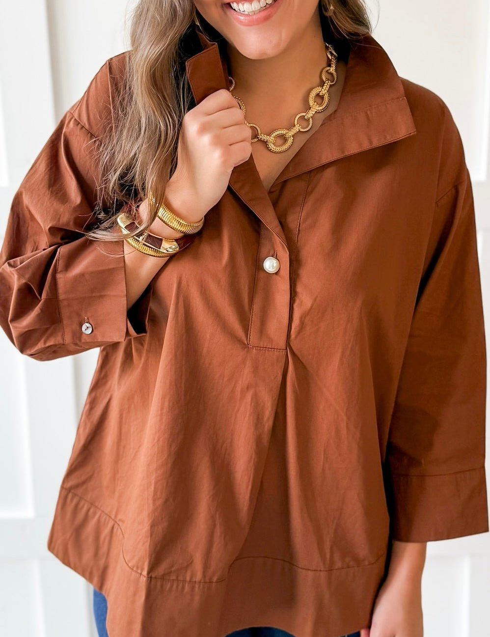 Lapel Collar Poplin Top - Brown