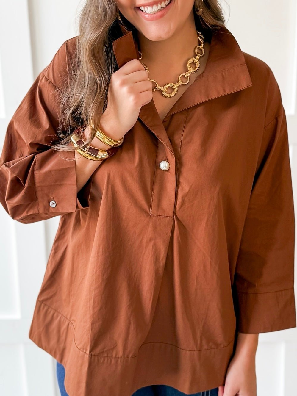 Lapel Collar Poplin Top - Brown