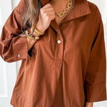 Lapel Collar Poplin Top - Brown