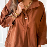 Lapel Collar Poplin Top - Brown