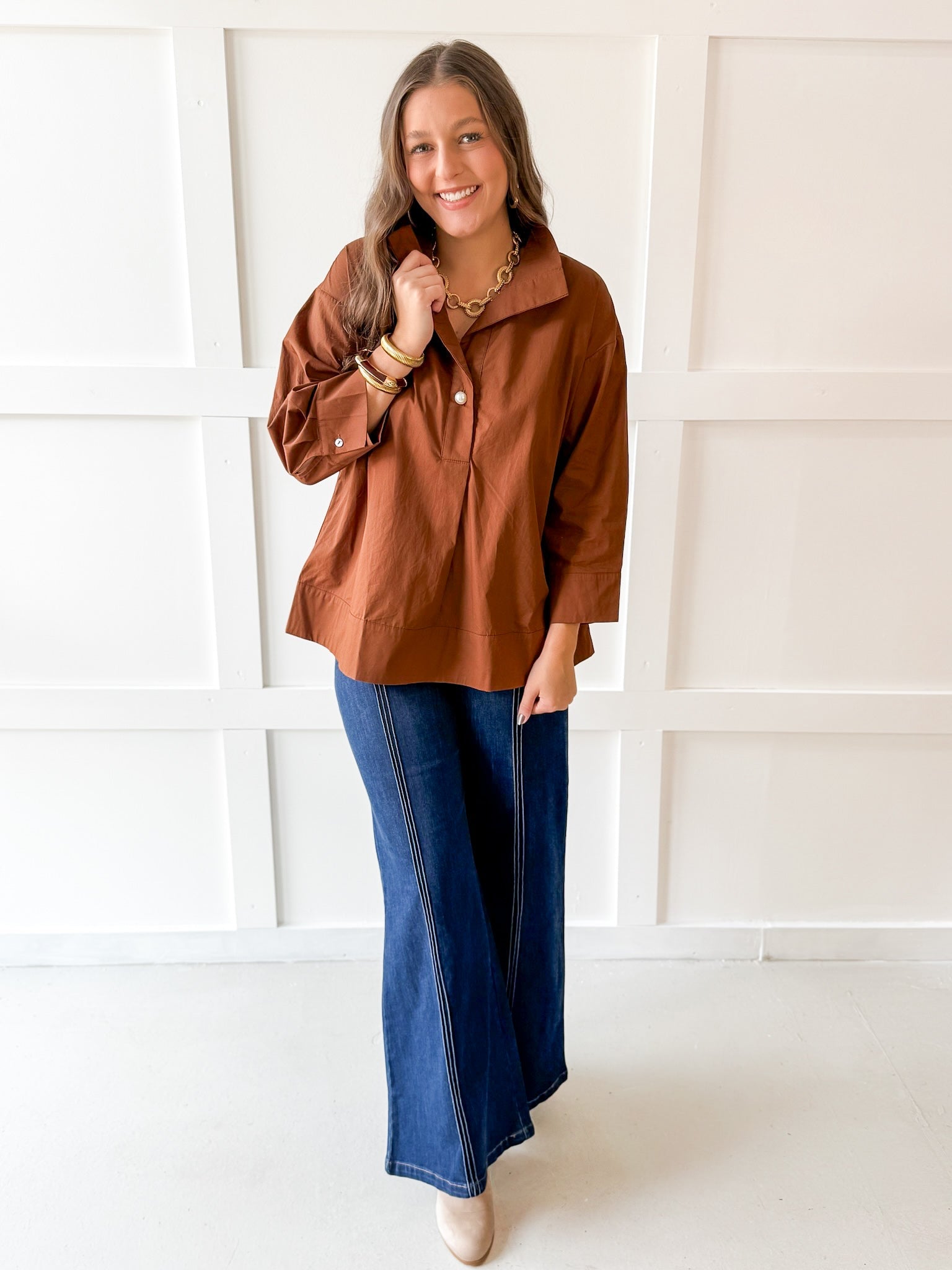 Lapel Collar Poplin Top - Brown