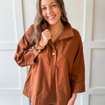 Lapel Collar Poplin Top - Brown