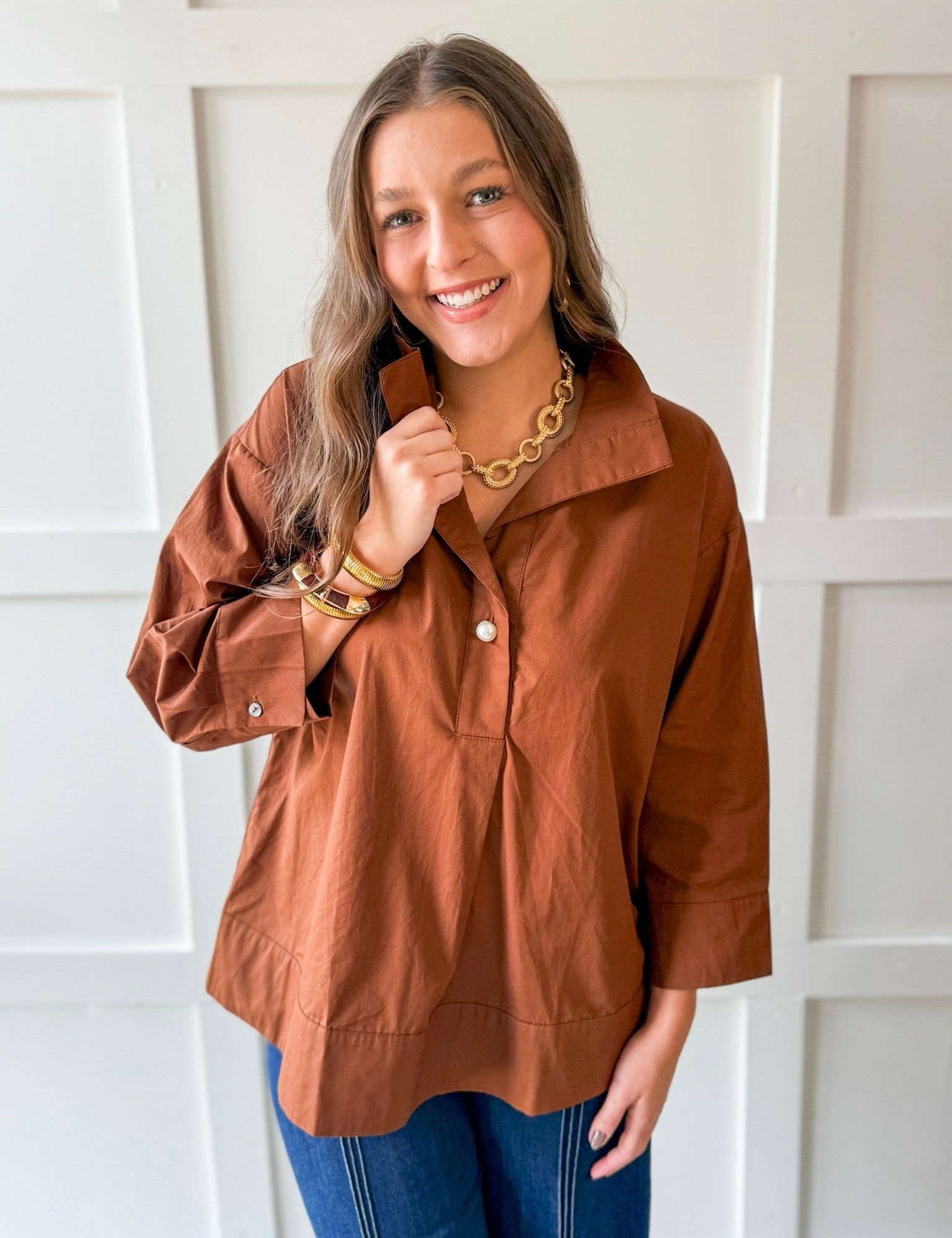 Lapel Collar Poplin Top - Brown