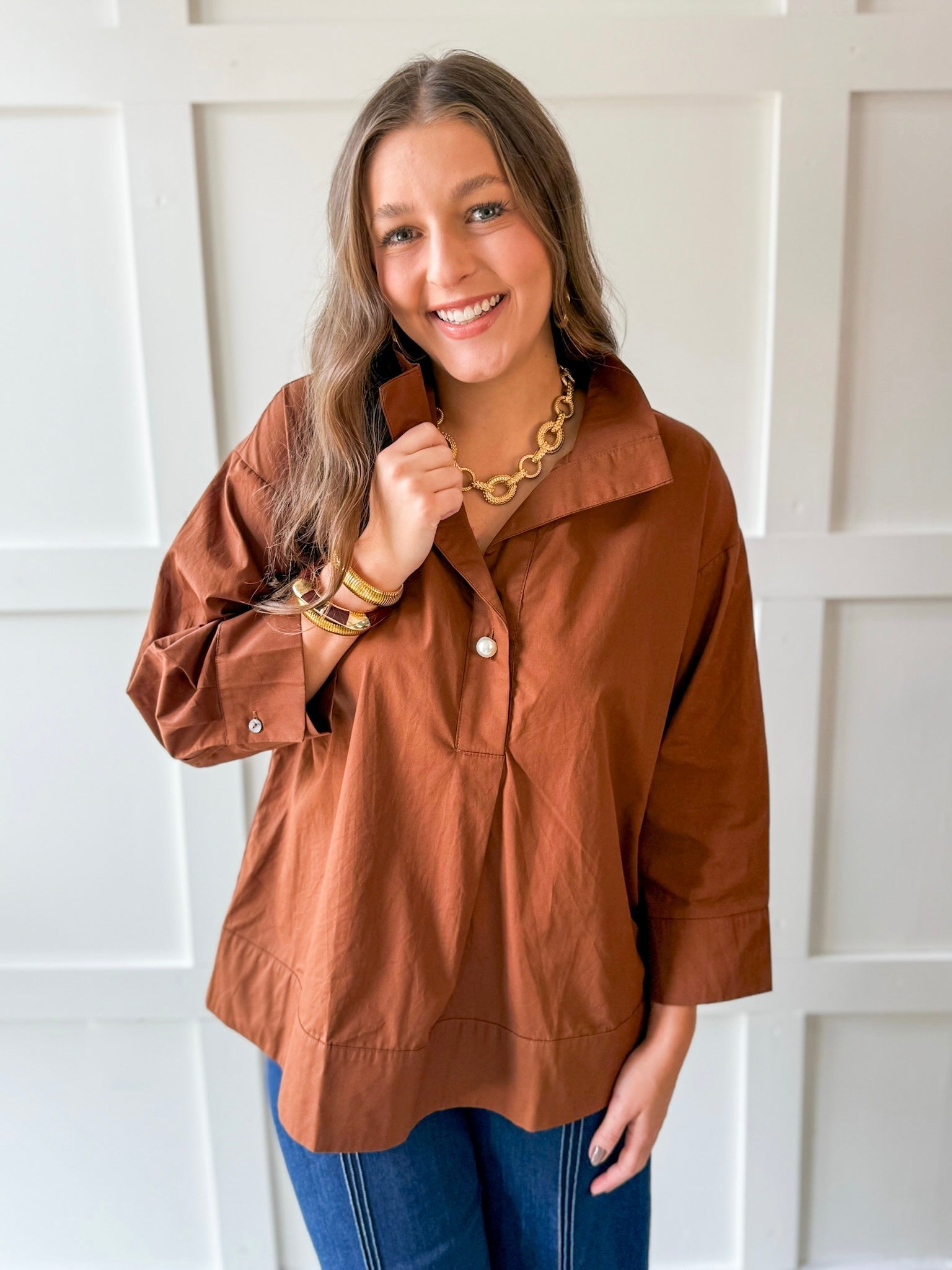 Lapel Collar Poplin Top - Brown