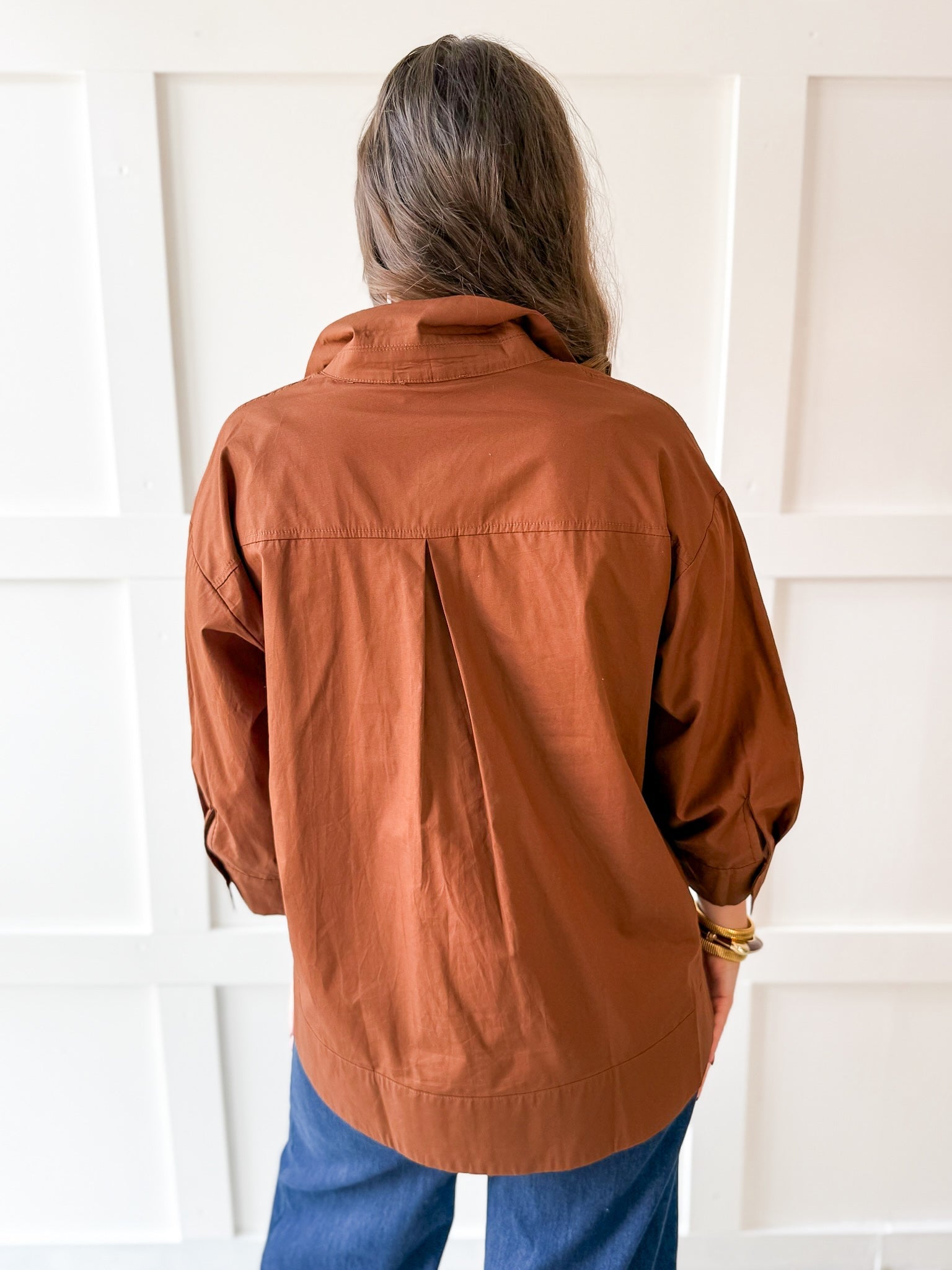 Lapel Collar Poplin Top - Brown