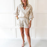 Lapel Embroidered Puff Sleeve Top- Ivory