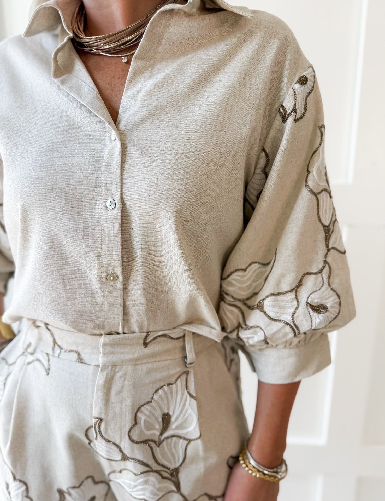 Lapel Embroidered Puff Sleeve Top- Ivory