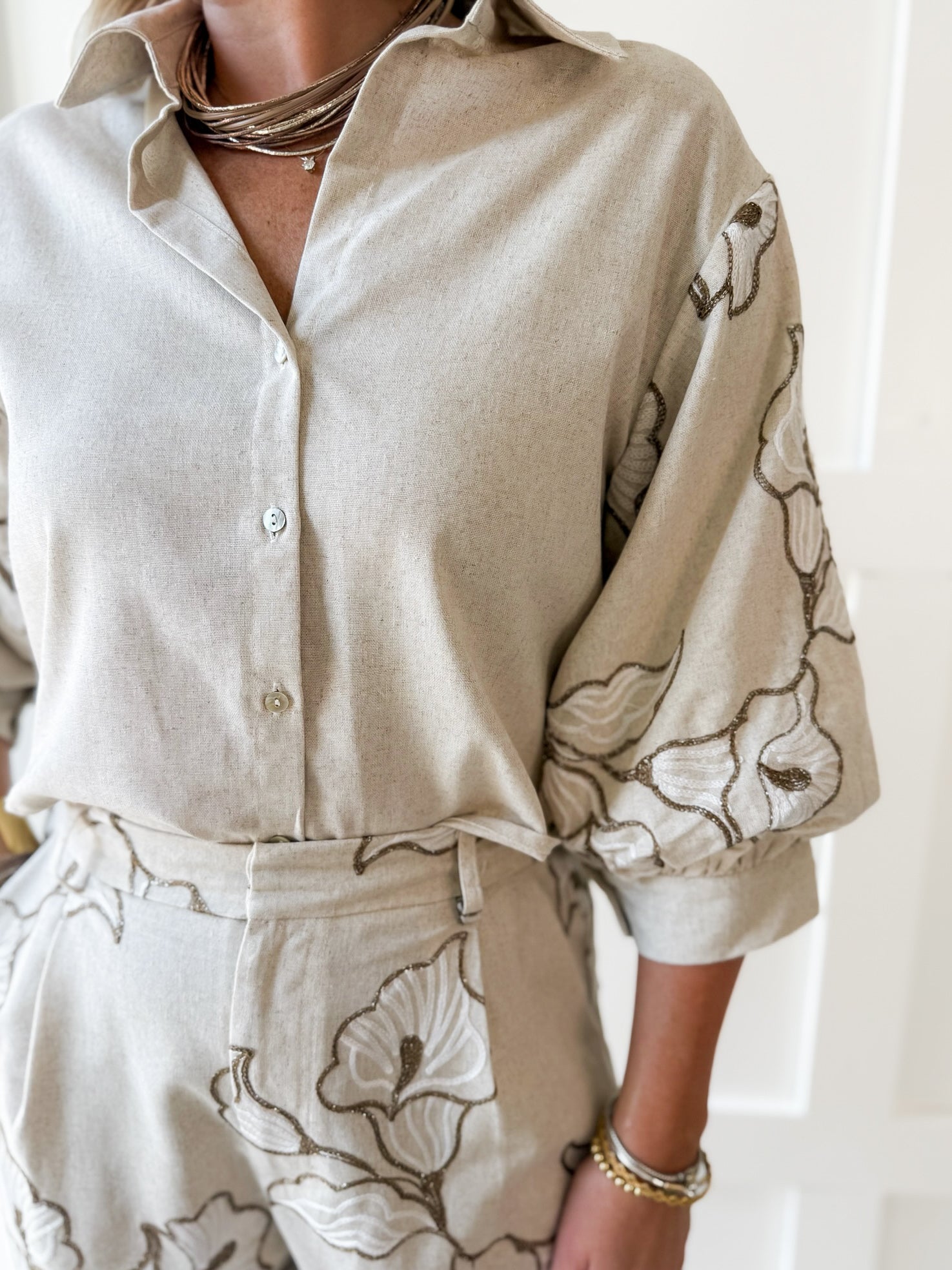 Lapel Embroidered Puff Sleeve Top- Ivory