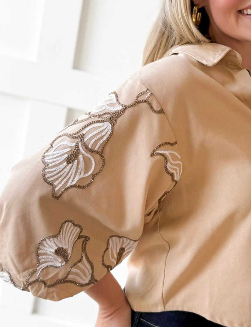 Lapel Embroidered Puff Sleeve Top-Taupe