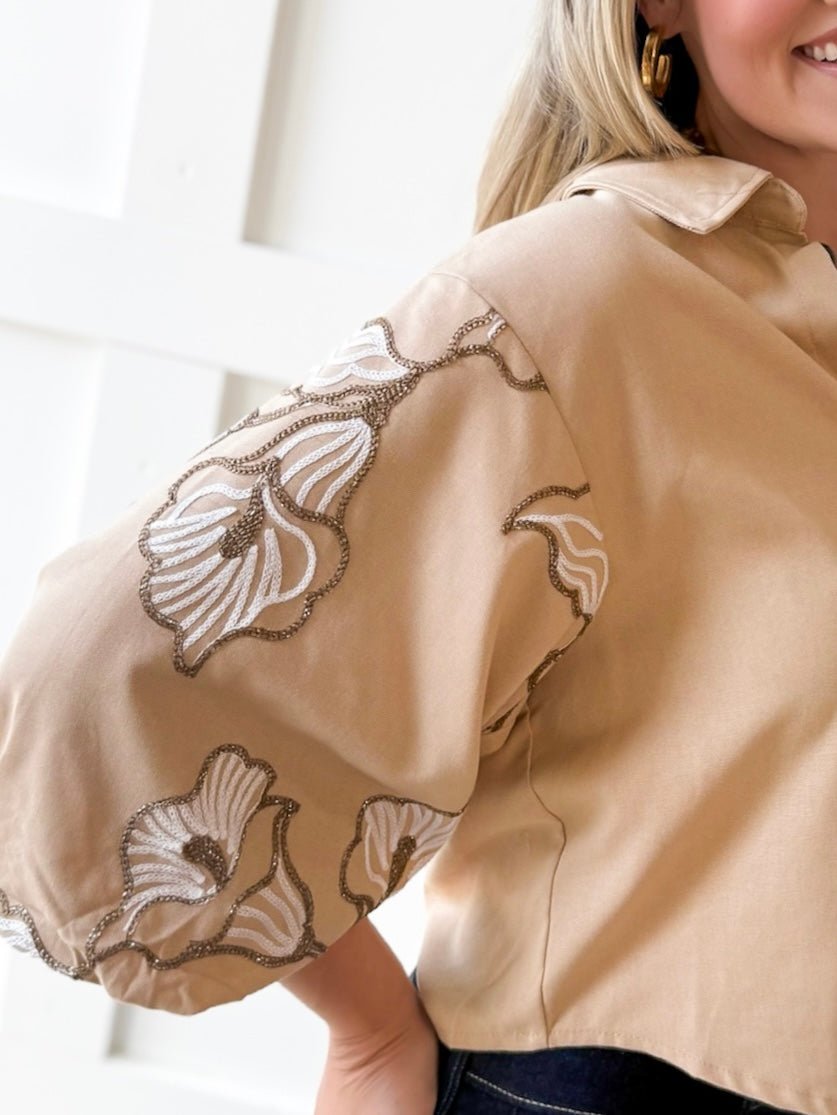 Lapel Embroidered Puff Sleeve Top-Taupe