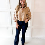 Lapel Embroidered Puff Sleeve Top-Taupe