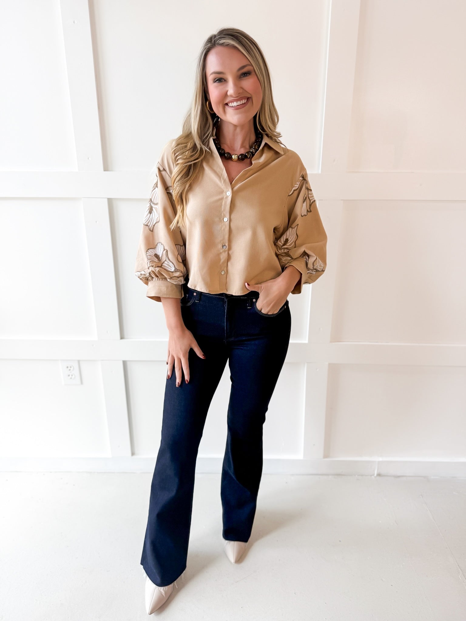 Lapel Embroidered Puff Sleeve Top-Taupe