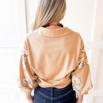 Lapel Embroidered Puff Sleeve Top-Taupe