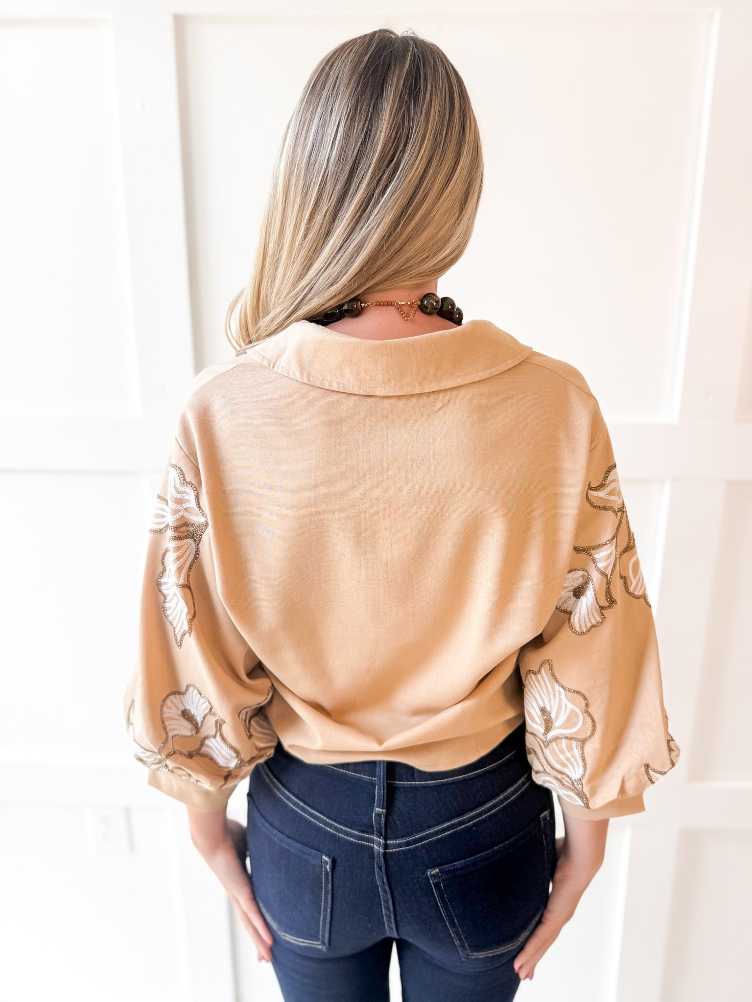 Lapel Embroidered Puff Sleeve Top-Taupe