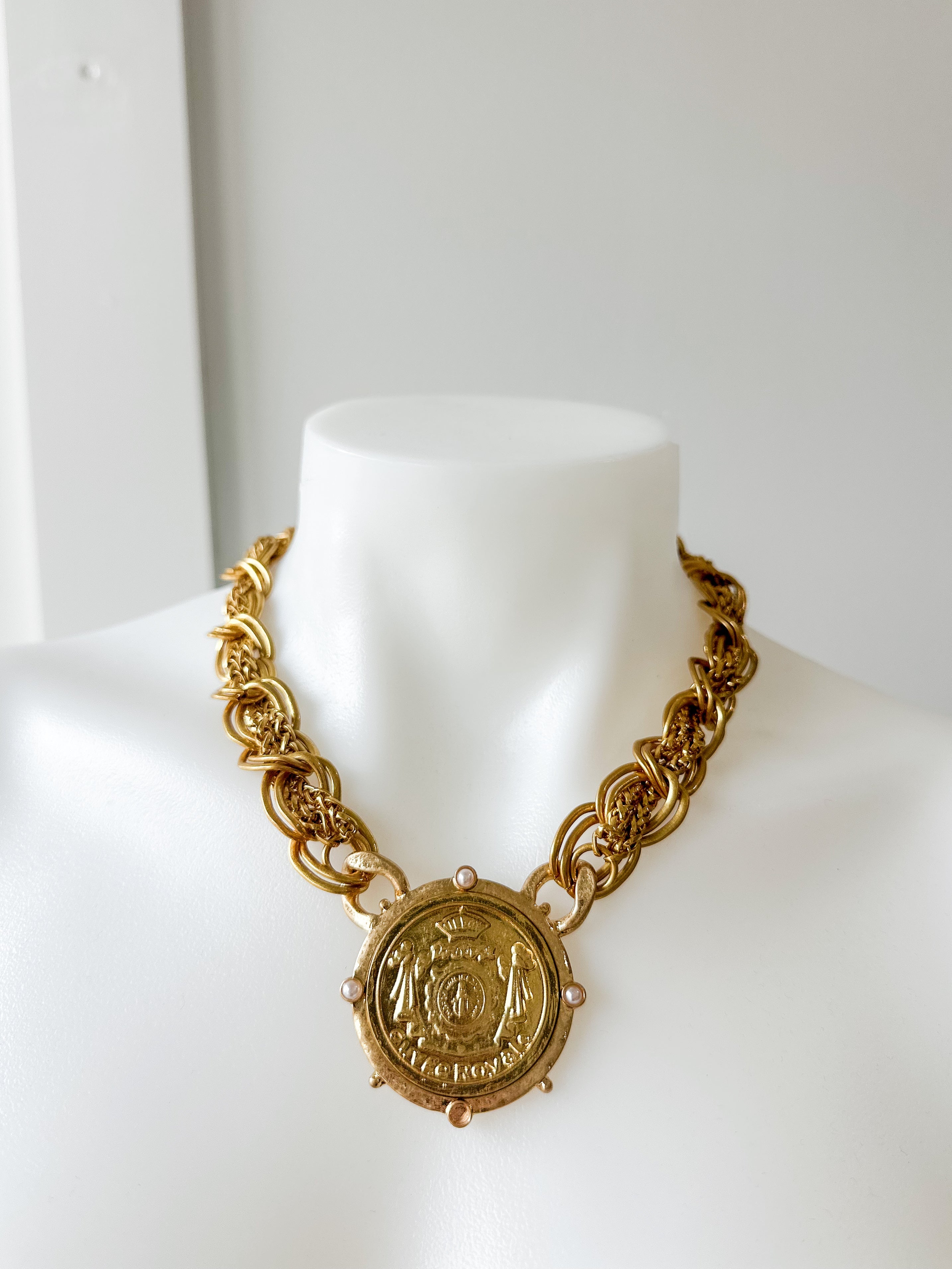 Layered Chain Medallion Necklace - Vintage Gold