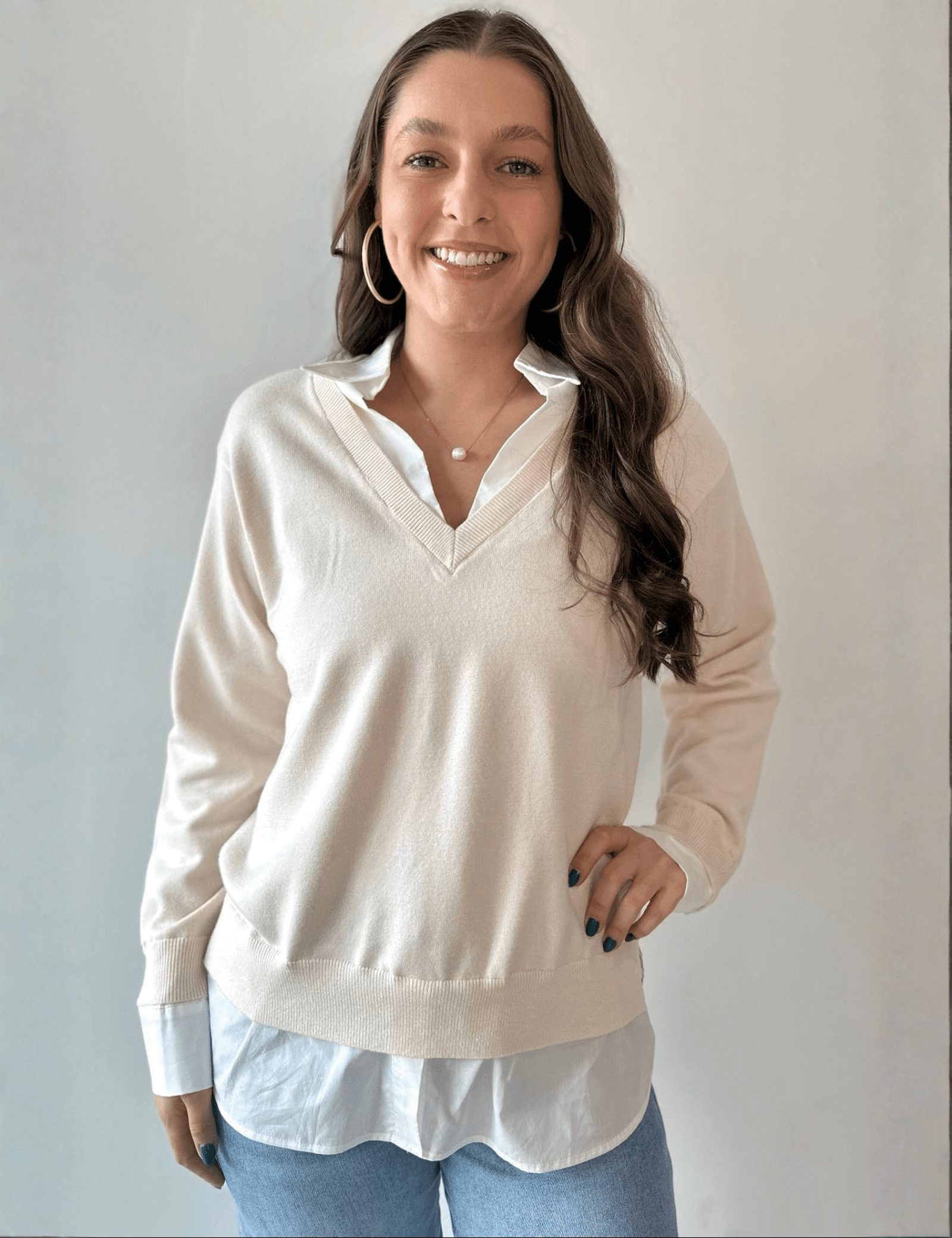 Layered Mixed Media Sweater - Ivory/White