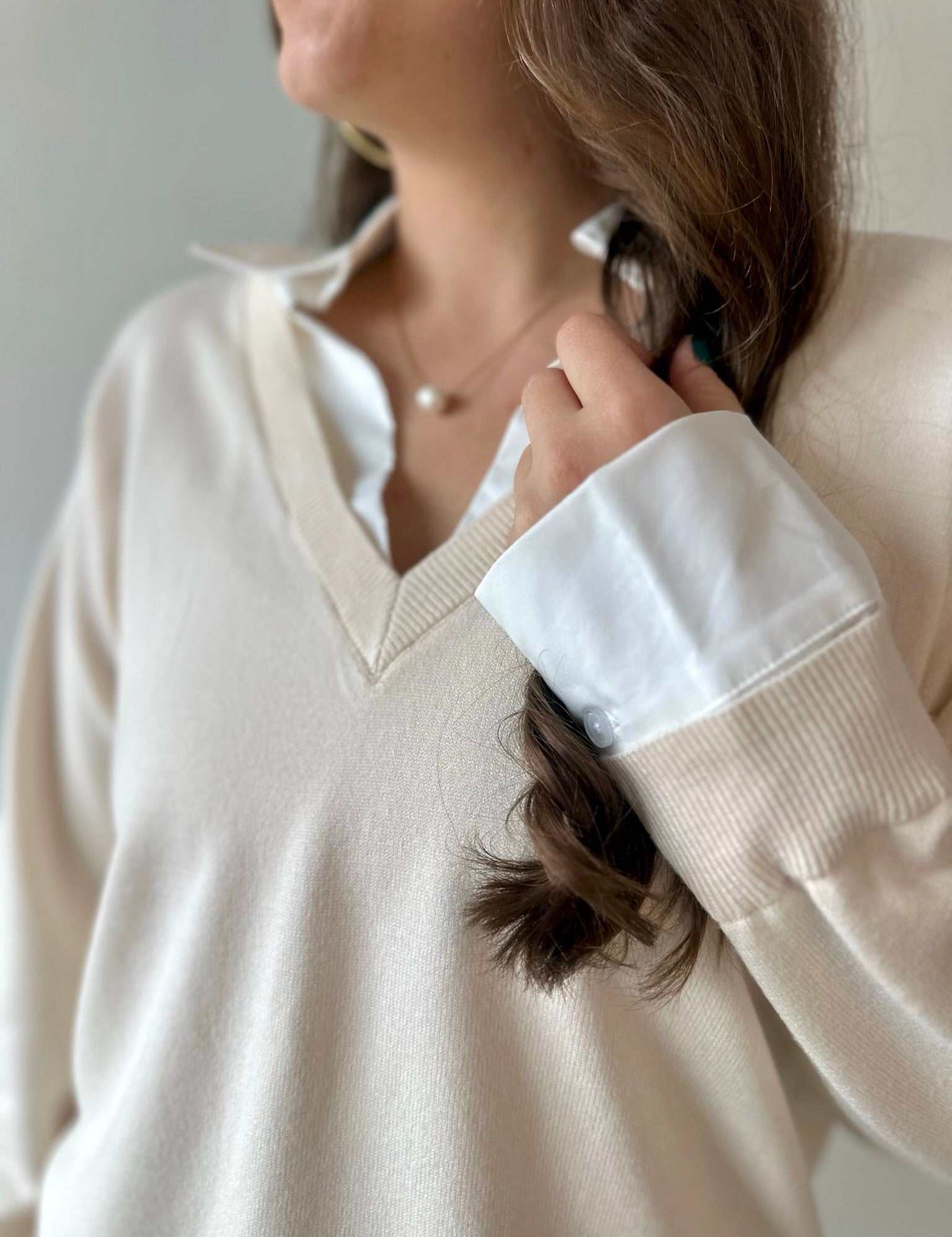 Layered Mixed Media Sweater - Ivory/White