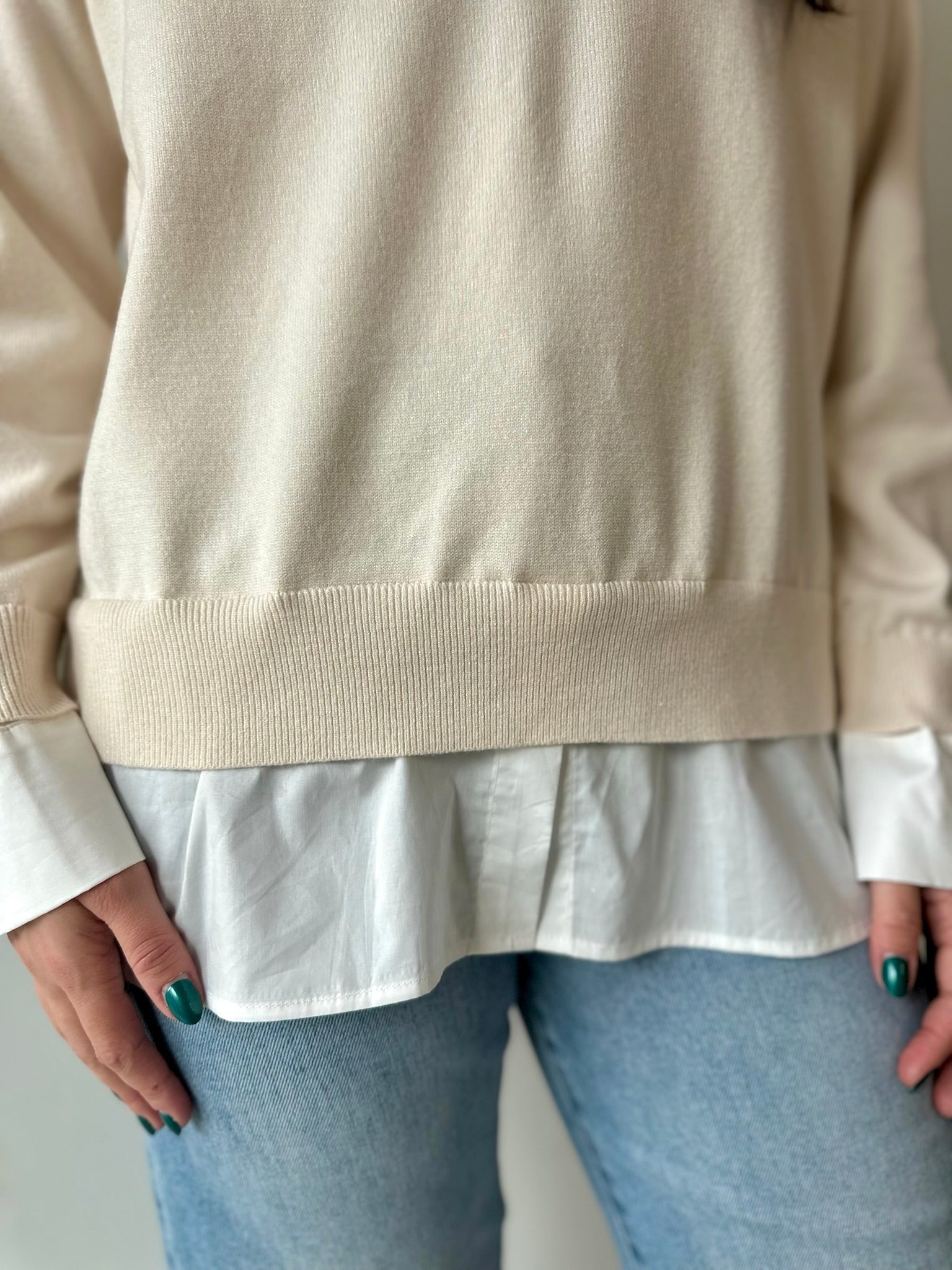 Layered Mixed Media Sweater - Ivory/White