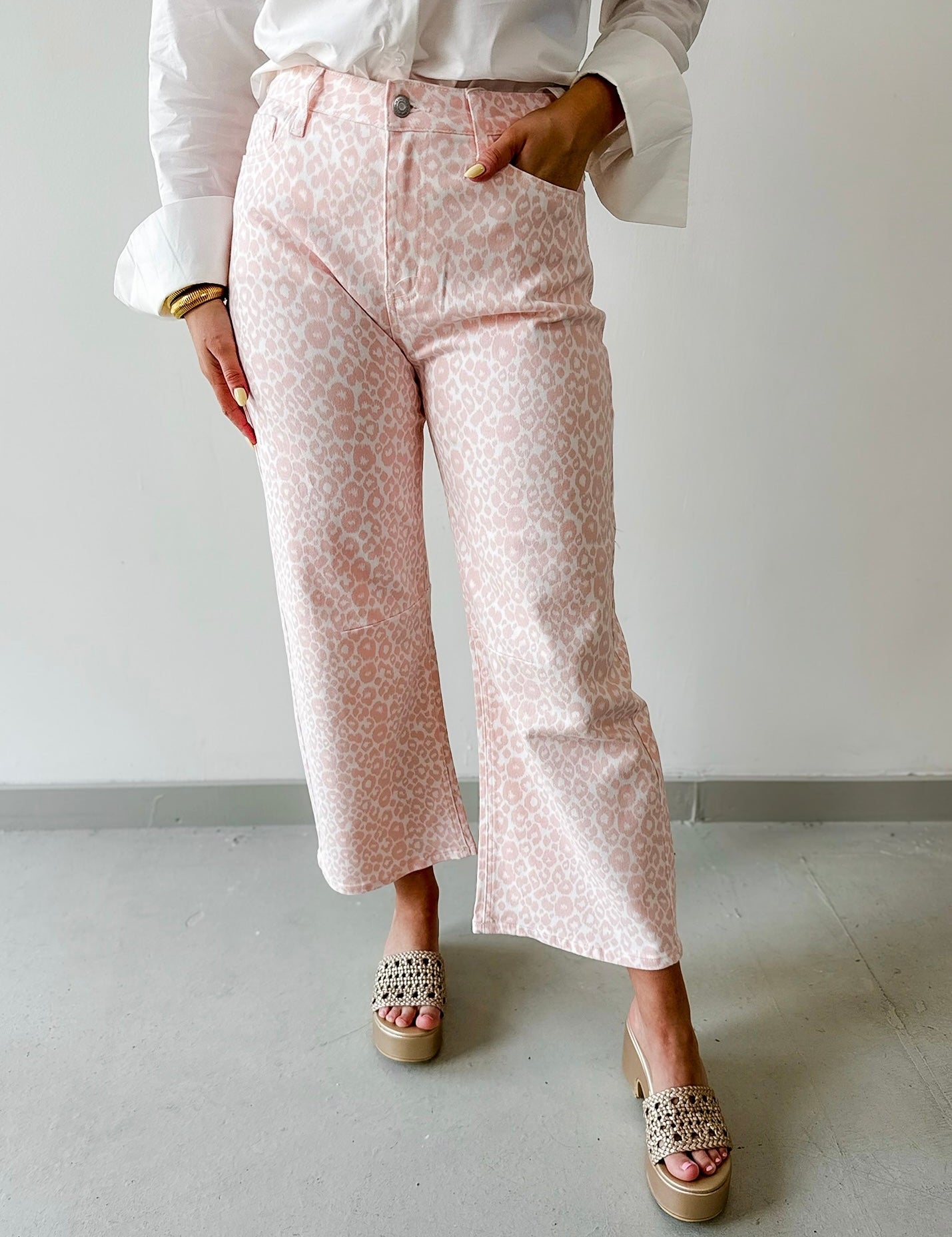 Leopard Print Barrel Crop Jean - Pink
