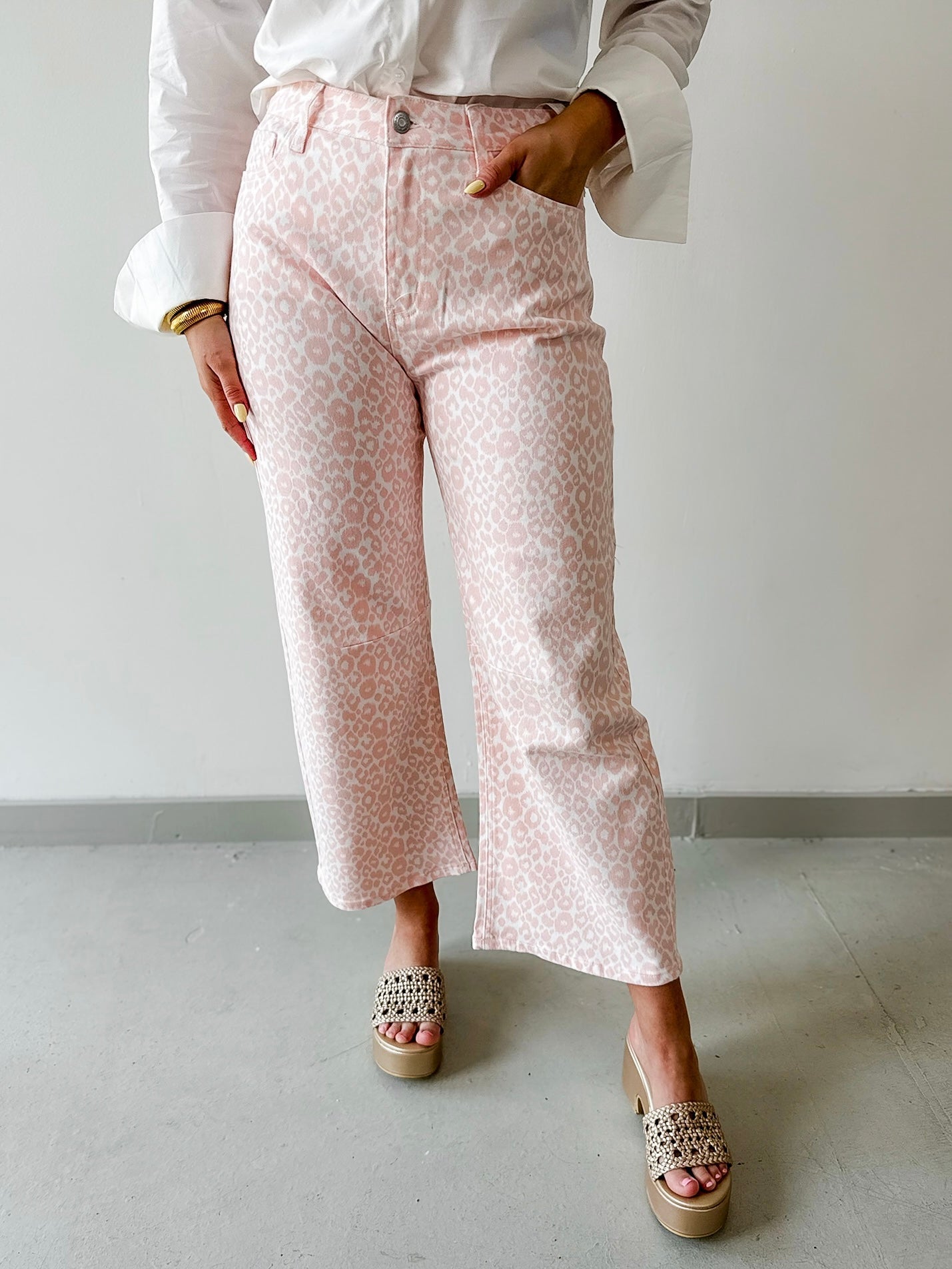 Leopard Print Barrel Crop Jean - Pink