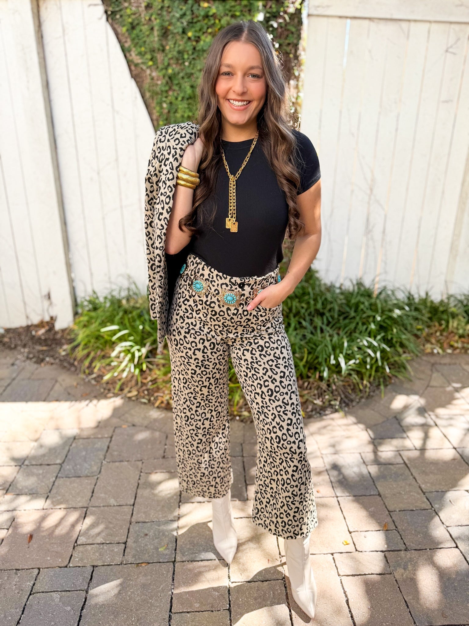 Leopard Print Zip Front Pant - Taupe
