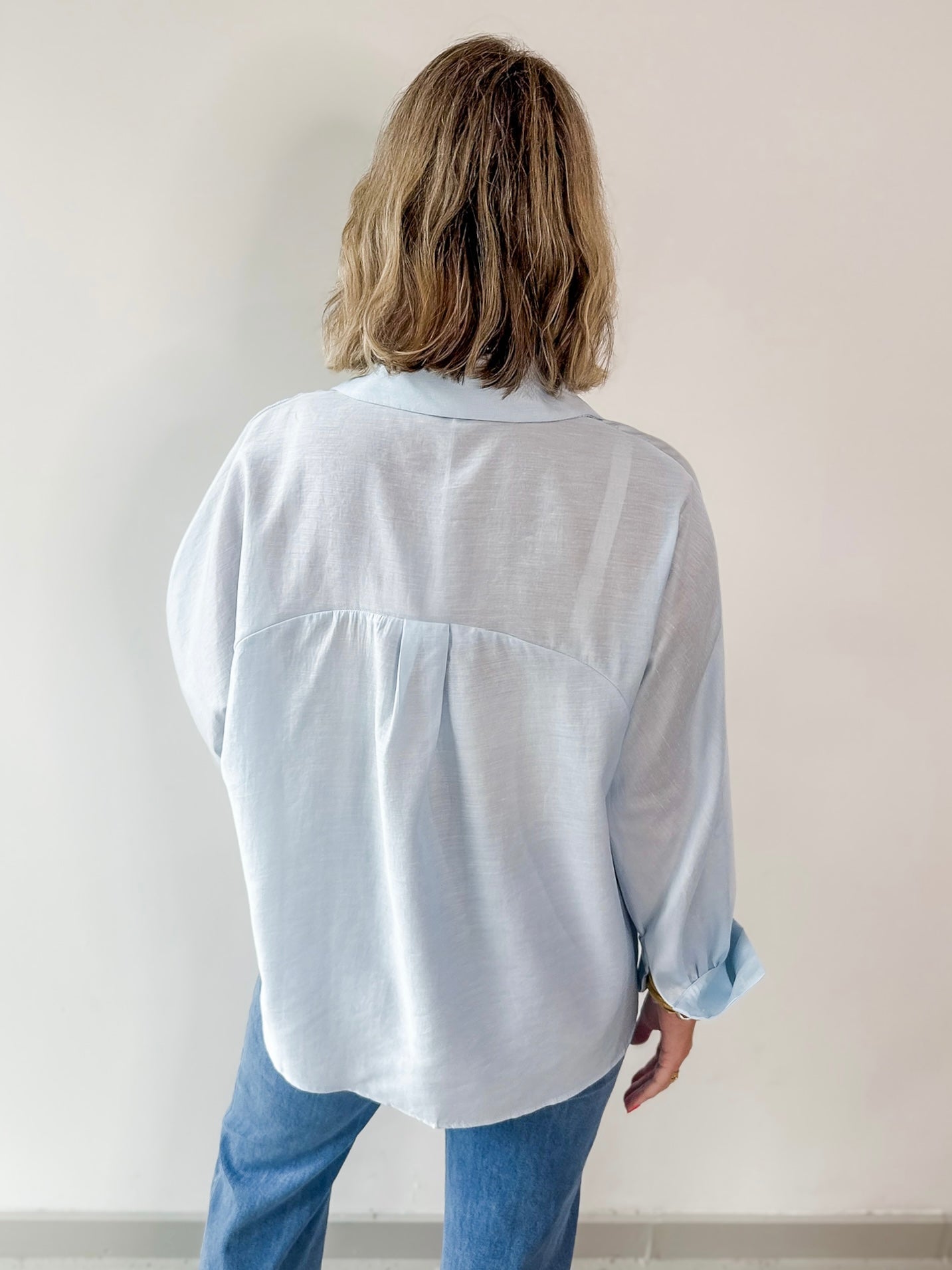 Light Blue Satin Button Long Shirt