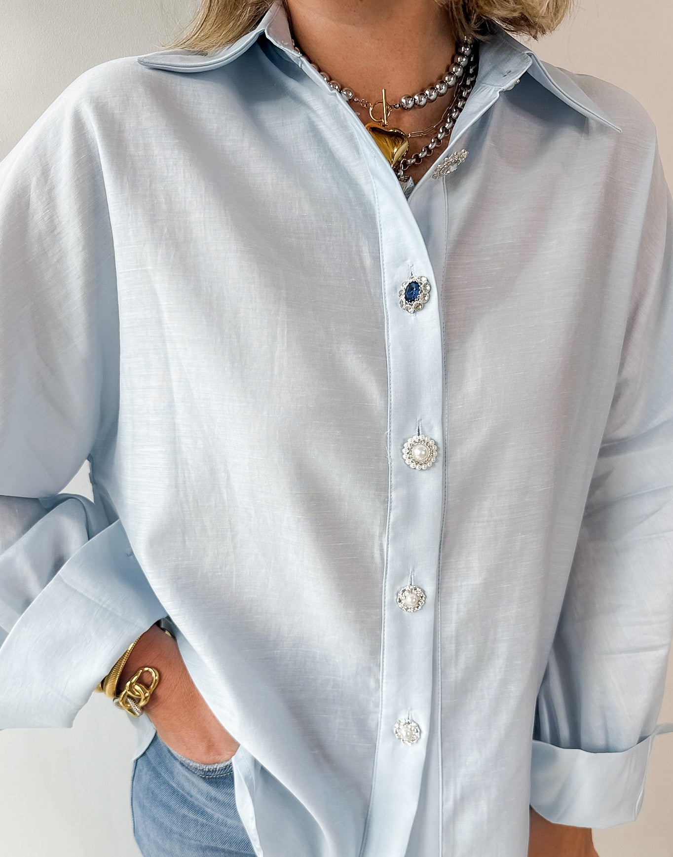 Light Blue Satin Button Long Shirt