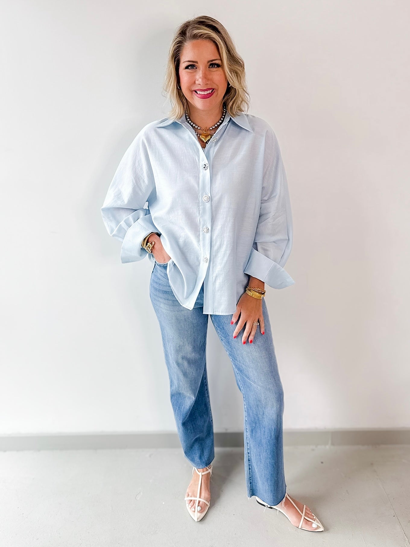 Light Blue Satin Button Long Shirt