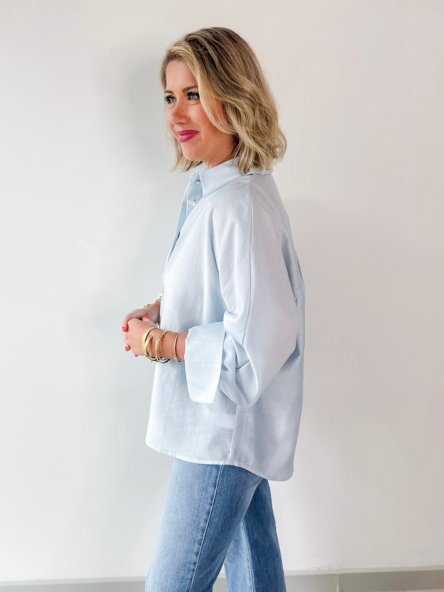 Light Blue Satin Button Long Shirt