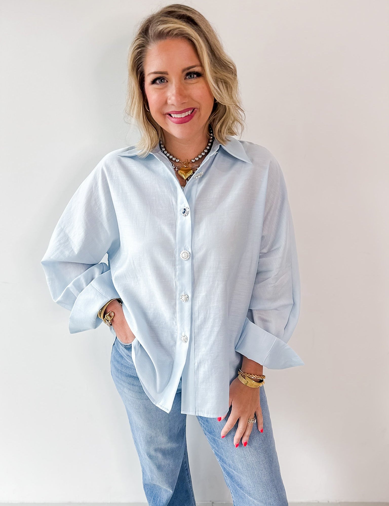 Light Blue Satin Button Long Shirt