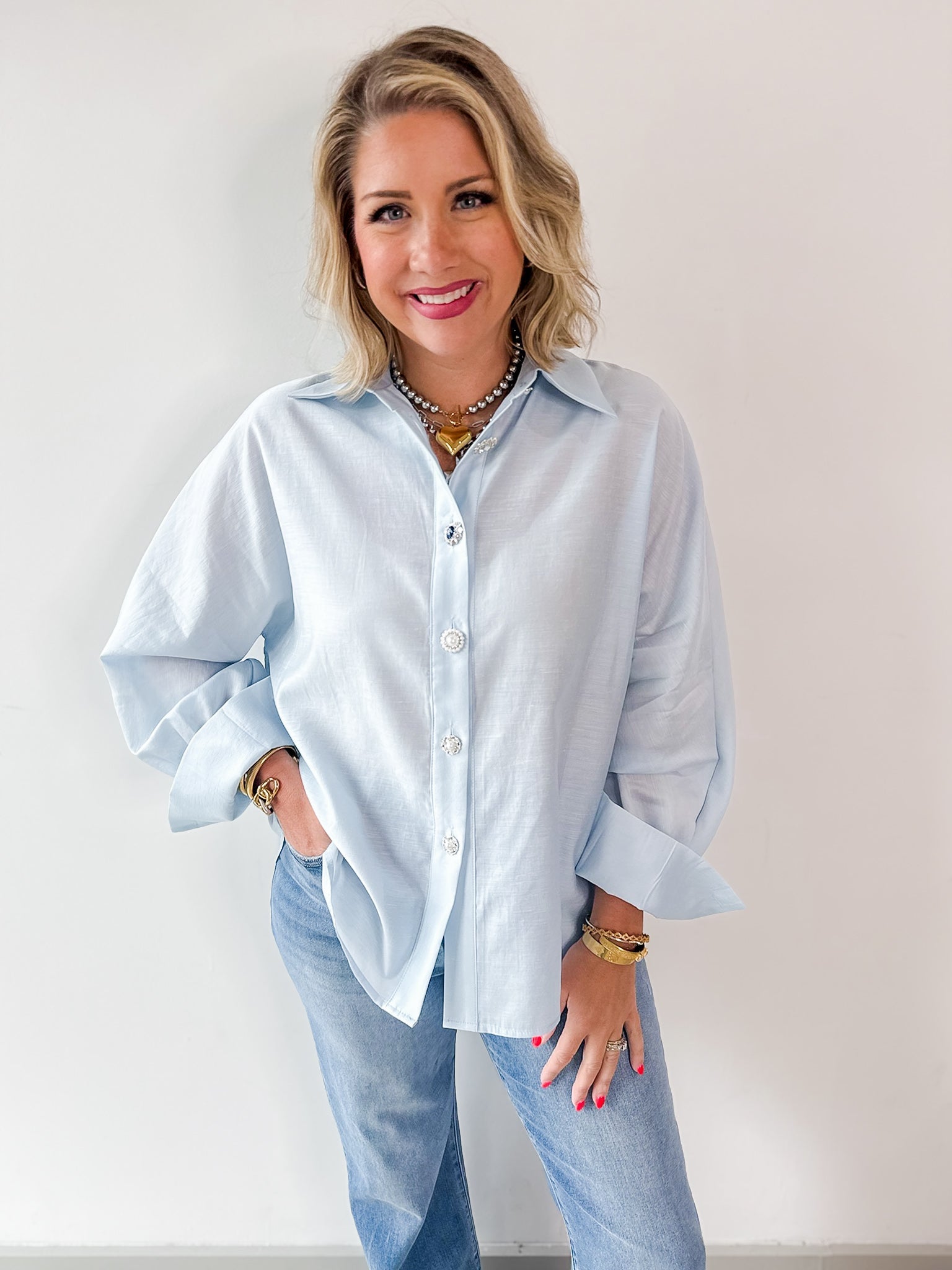 Light Blue Satin Button Long Shirt
