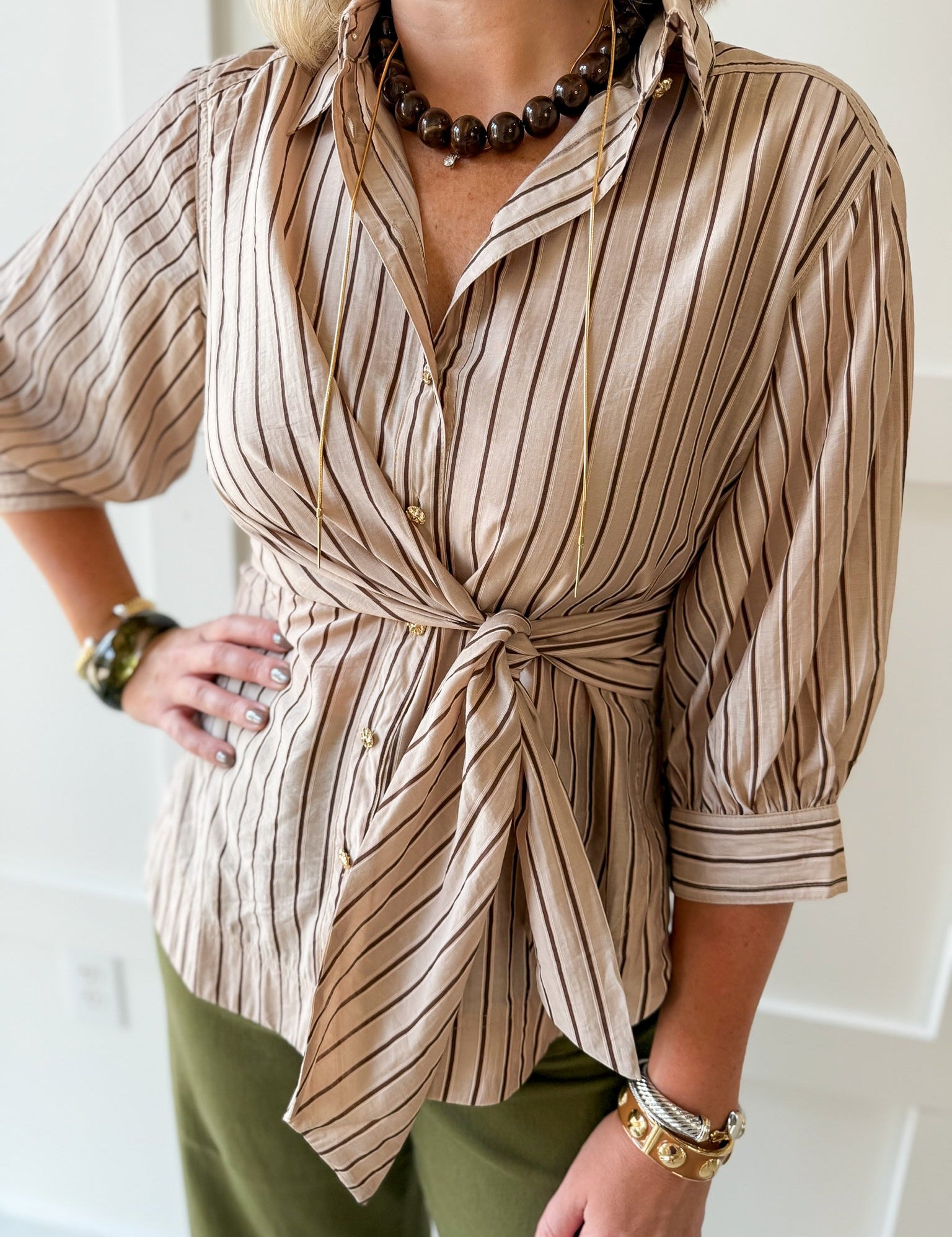 Light Stripe Waist Tie Blouse- Taupe
