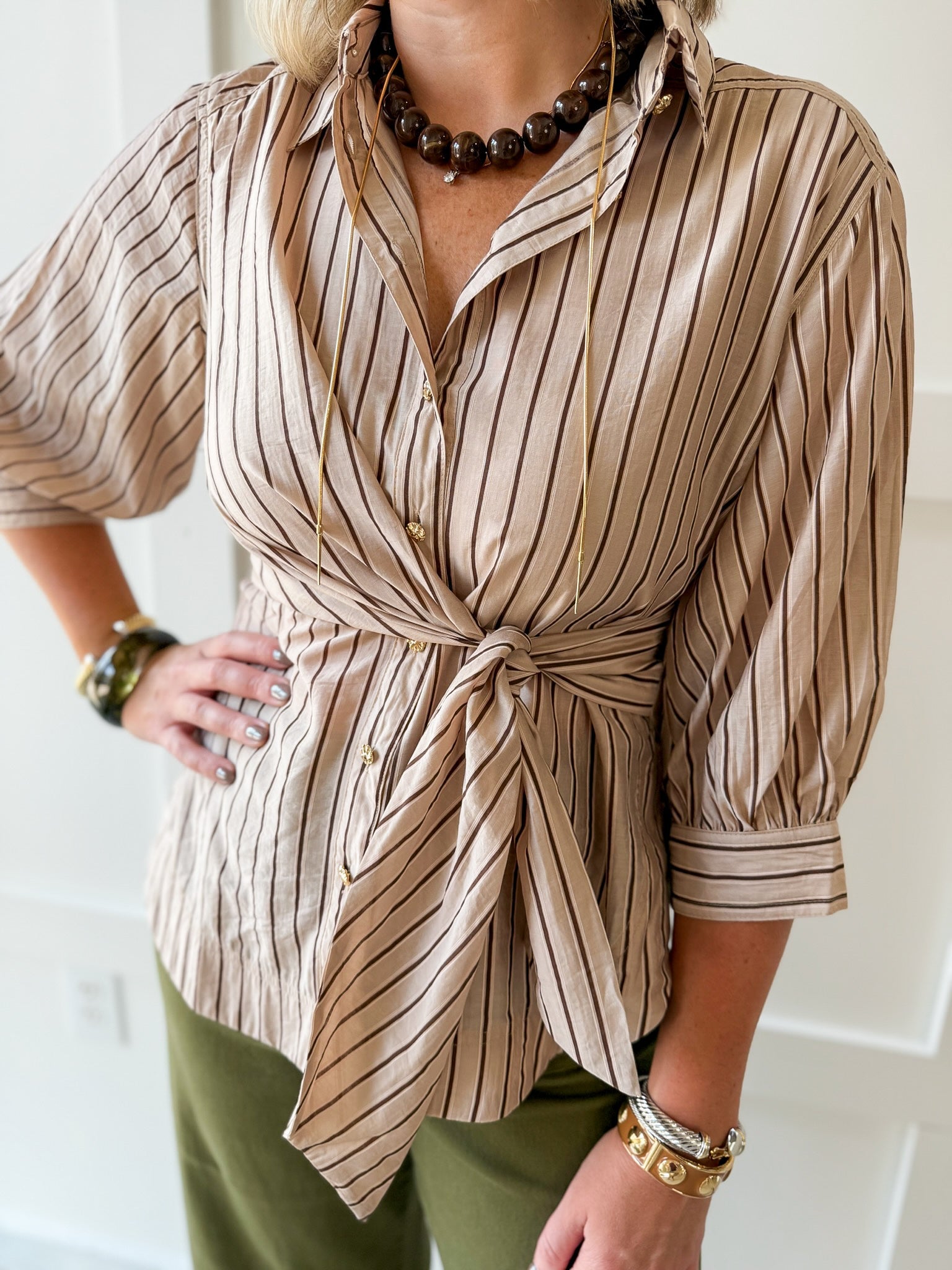 Light Stripe Waist Tie Blouse- Taupe