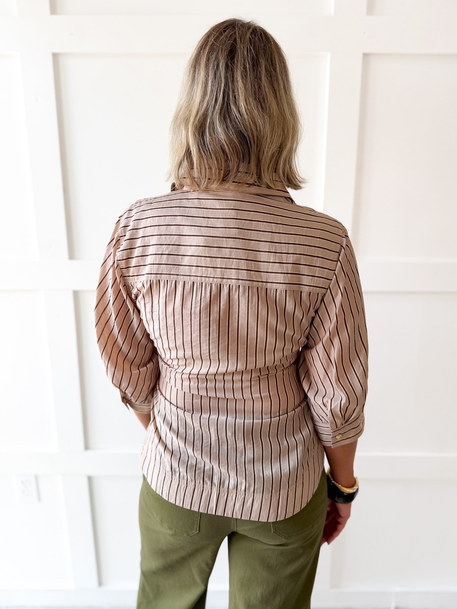 Light Stripe Waist Tie Blouse- Taupe