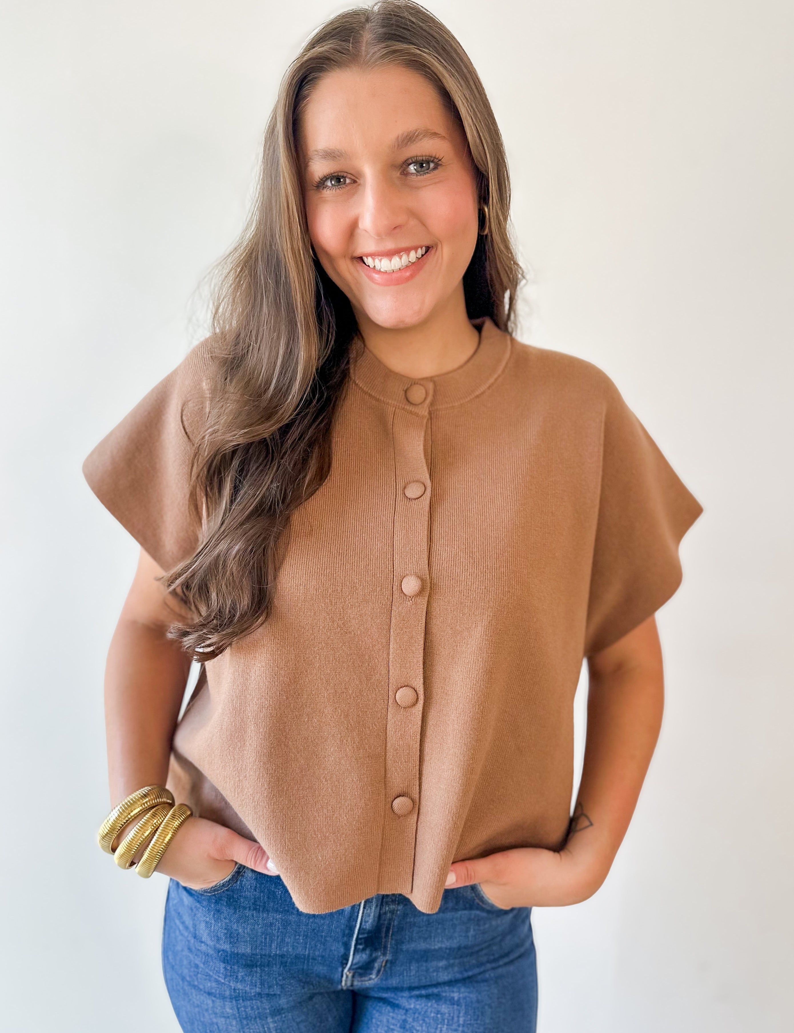 Lightweight Half Sleeve Knit Top - Camel