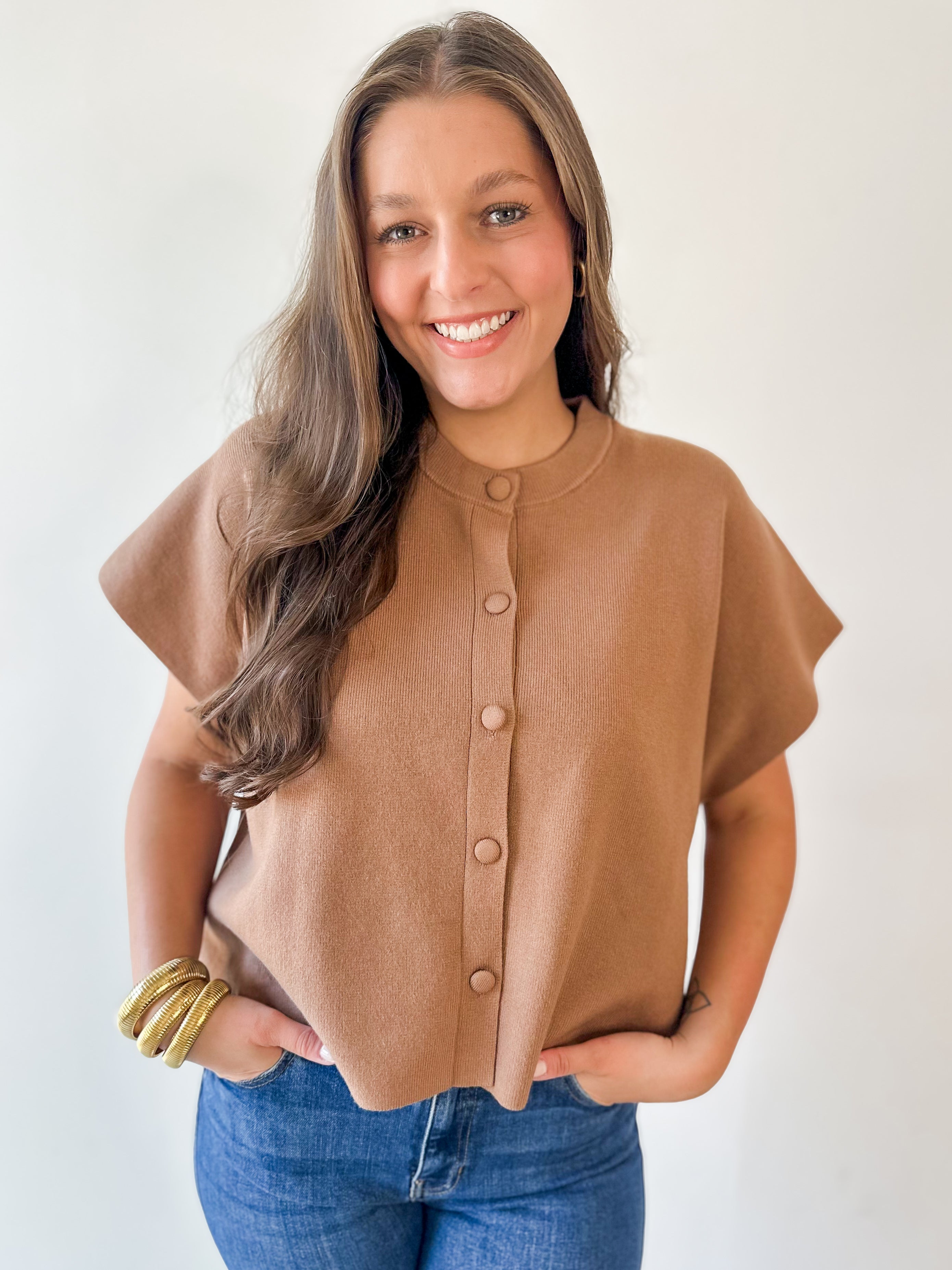 Lightweight Half Sleeve Knit Top - Camel