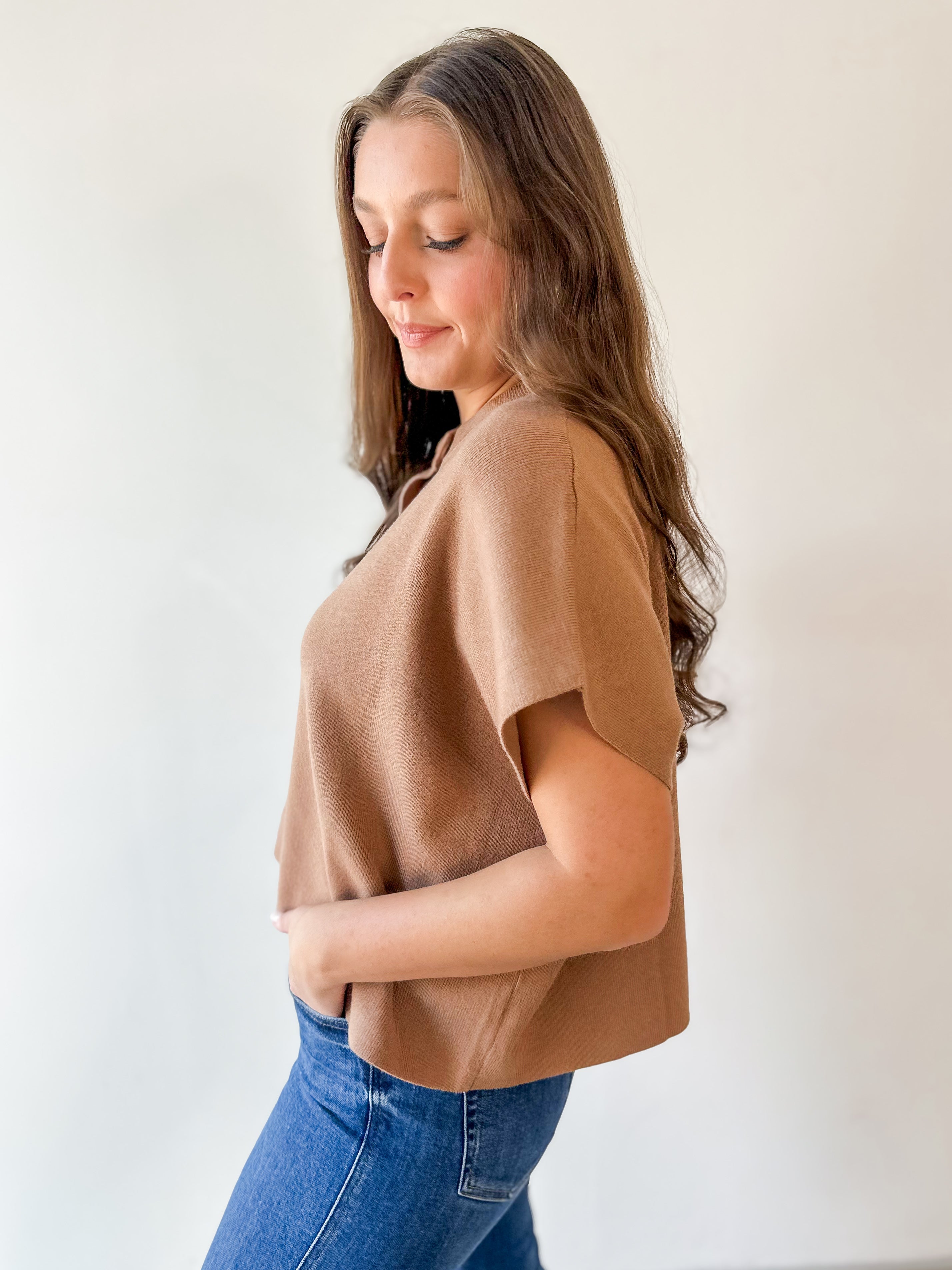 Lightweight Half Sleeve Knit Top - Camel