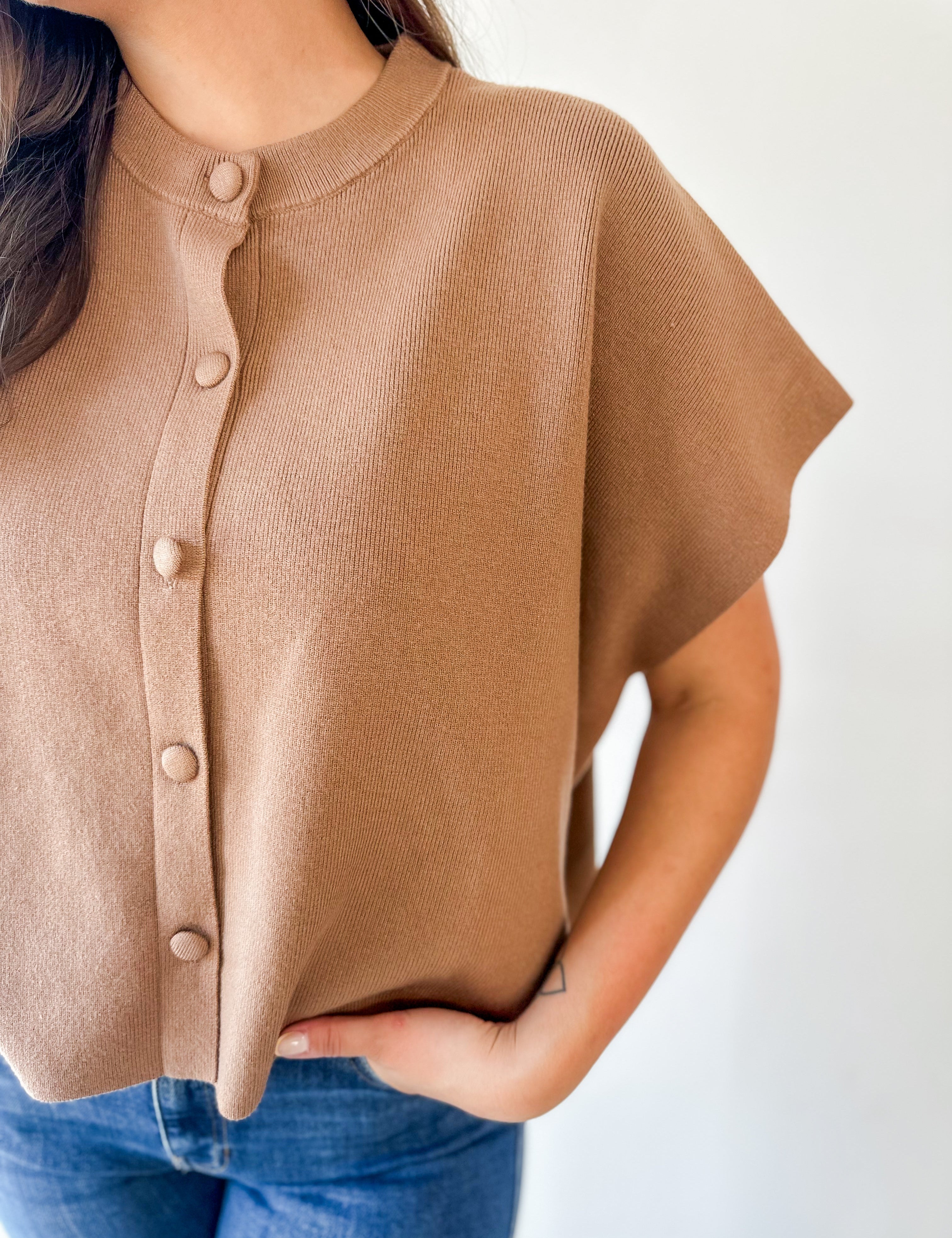 Lightweight Half Sleeve Knit Top - Camel