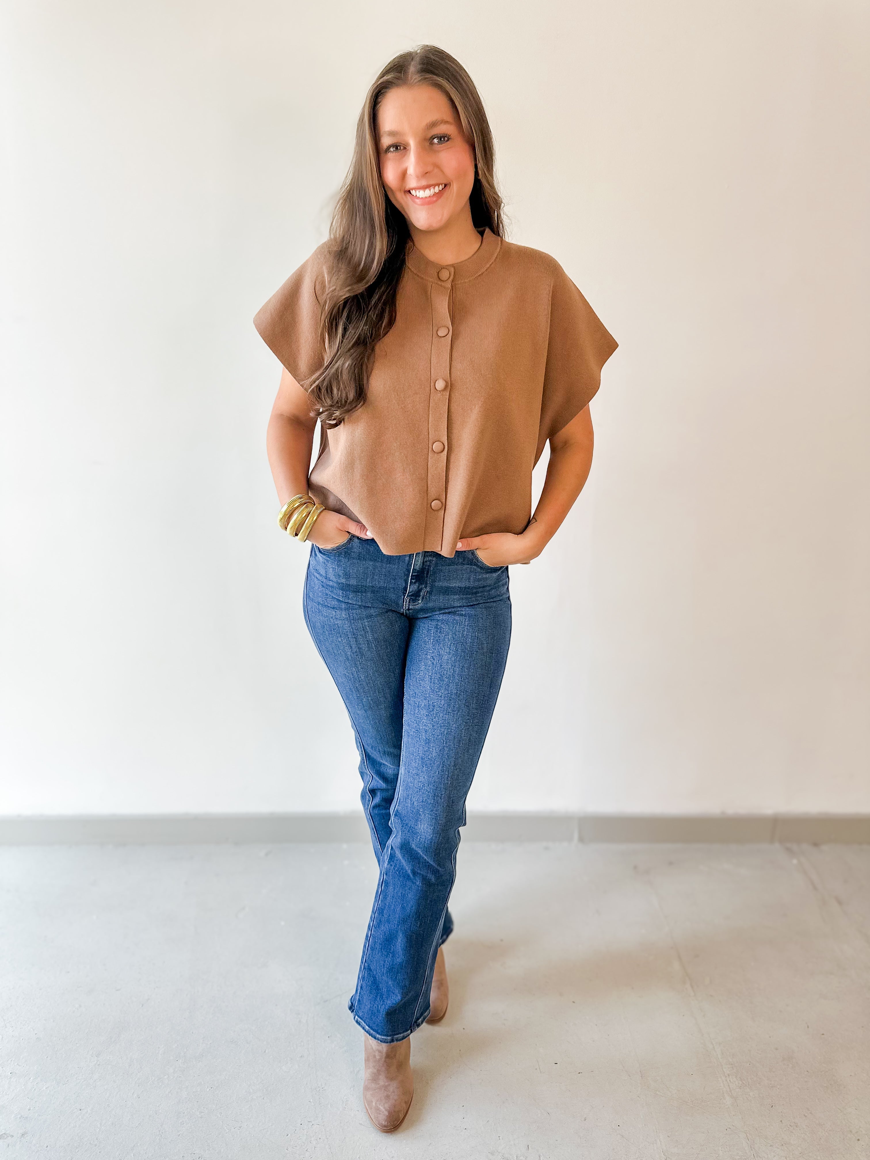 Lightweight Half Sleeve Knit Top - Camel