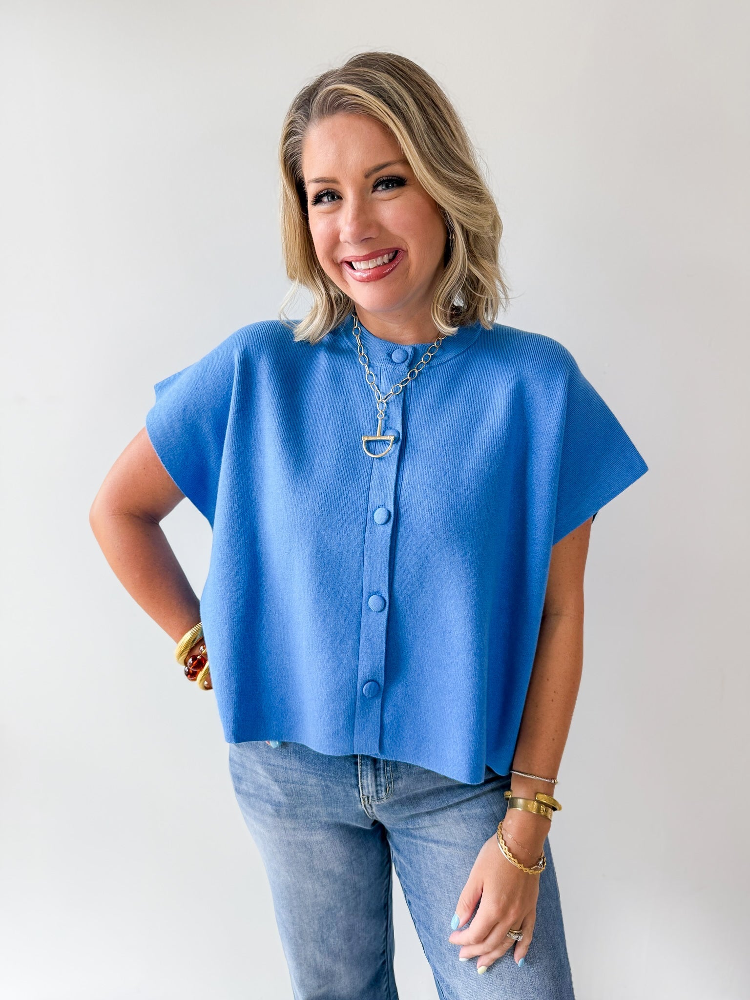 Lightweight Half Sleeve Knit Top - Urban Blue