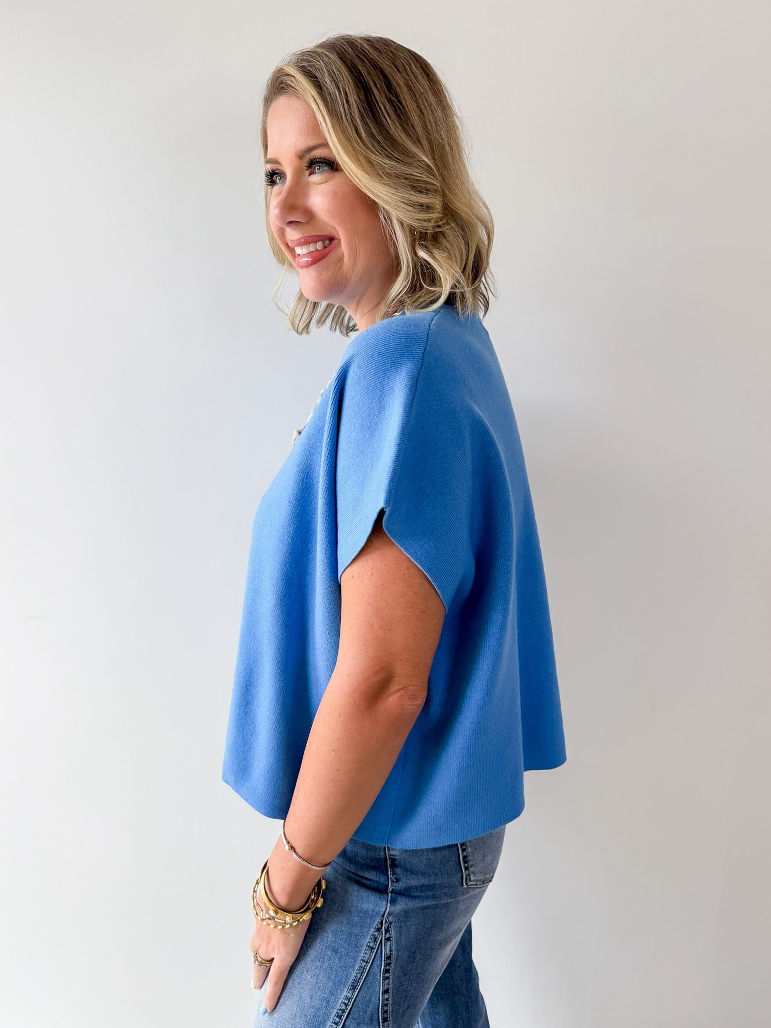 Lightweight Half Sleeve Knit Top - Urban Blue