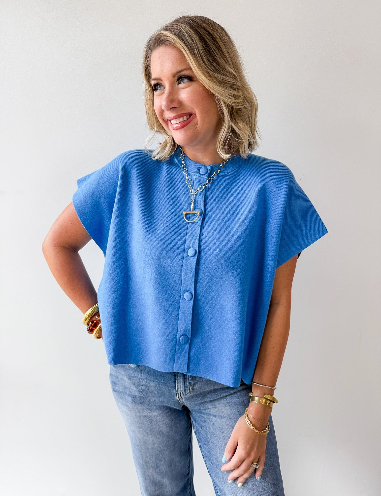Lightweight Half Sleeve Knit Top - Urban Blue