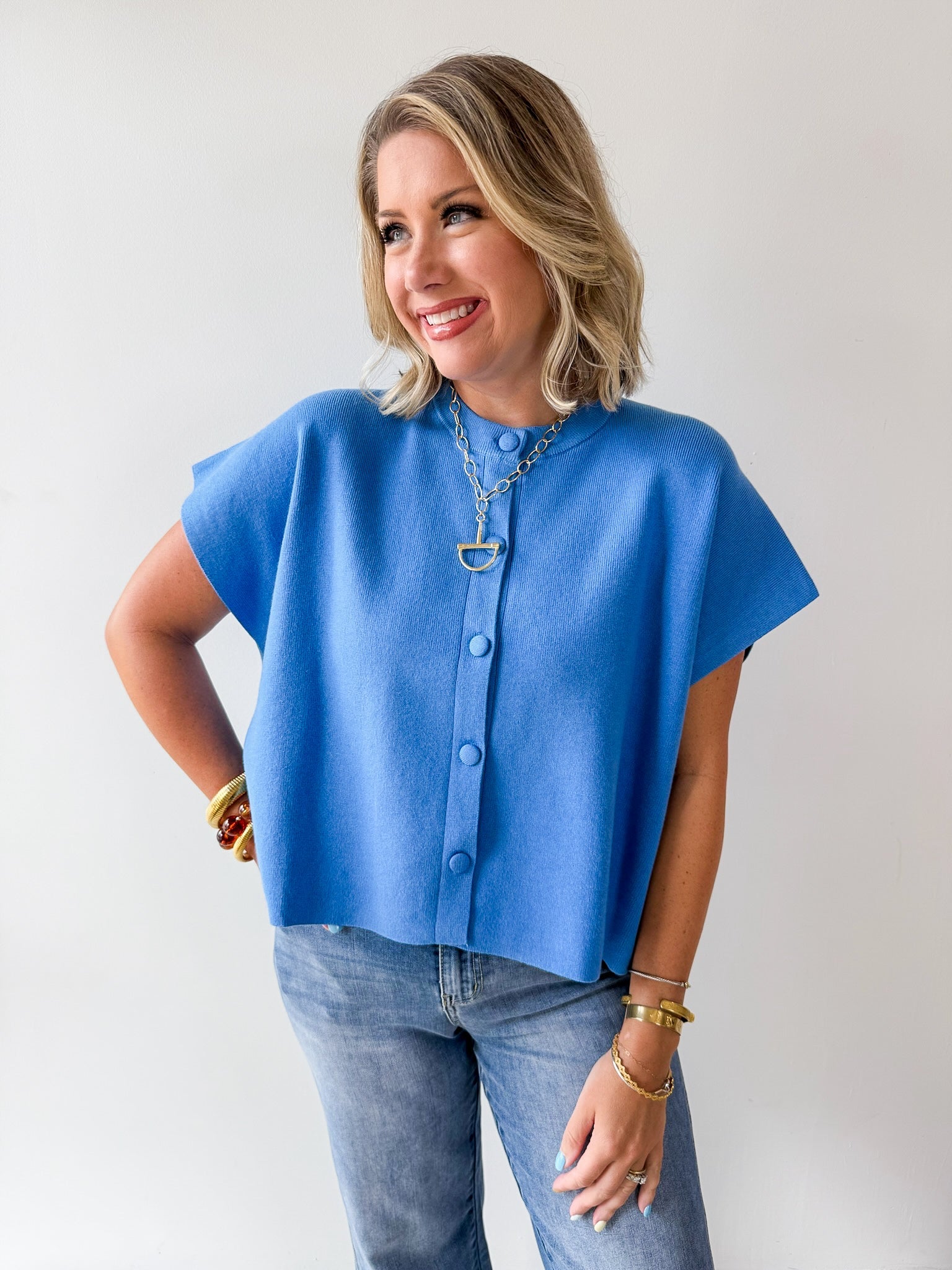 Lightweight Half Sleeve Knit Top - Urban Blue