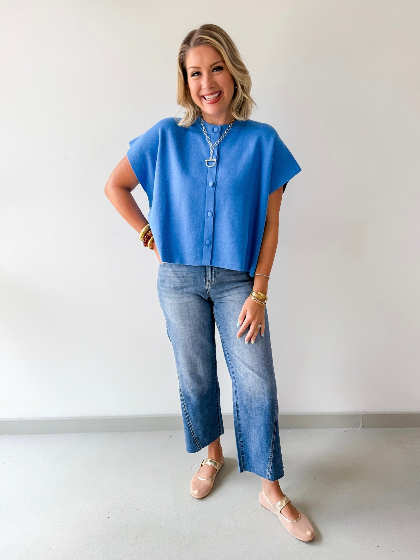 Lightweight Half Sleeve Knit Top - Urban Blue