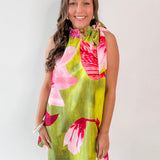 Lime Printed Ruffled Neck Dress