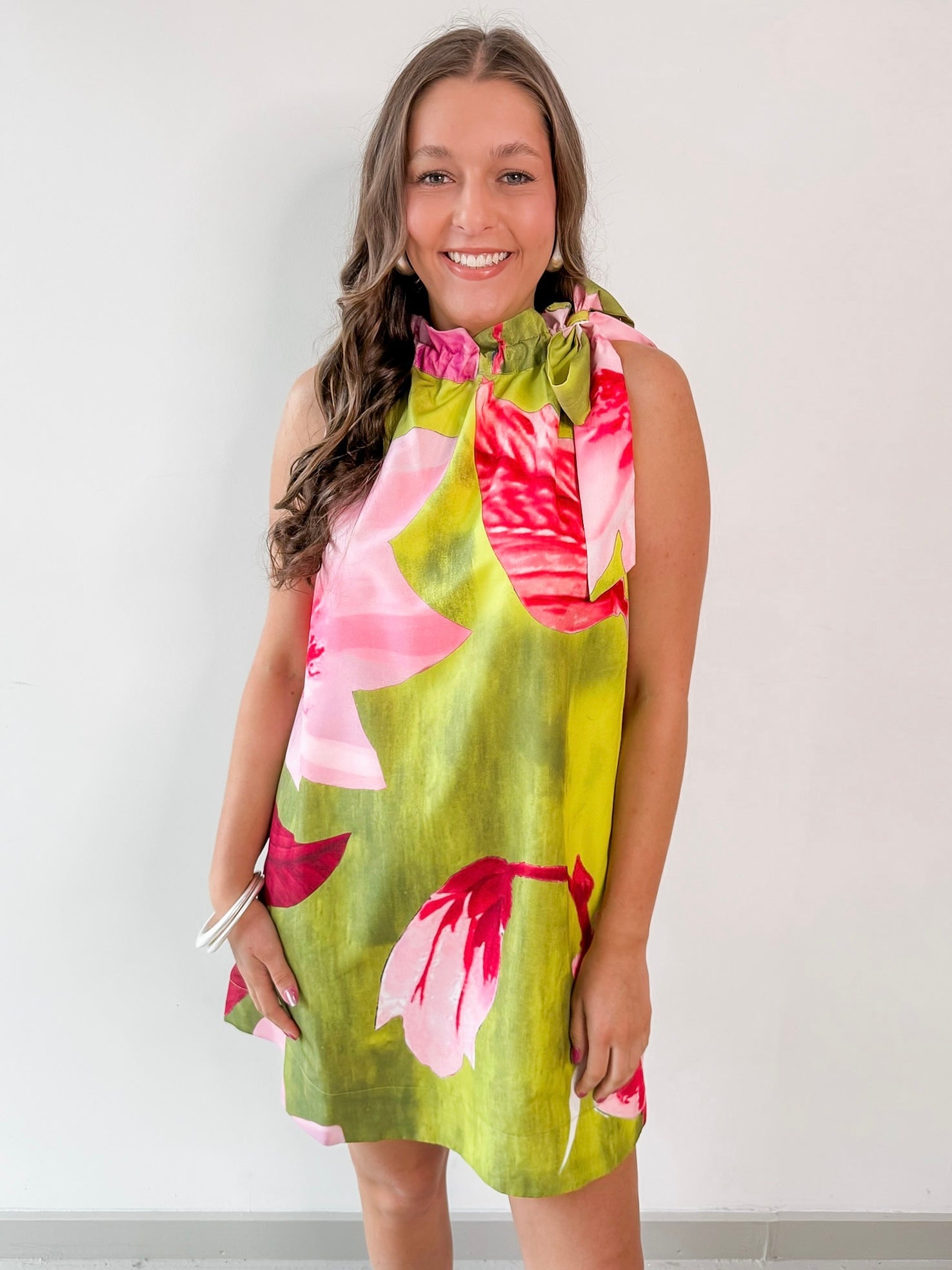 Lime Printed Ruffled Neck Dress