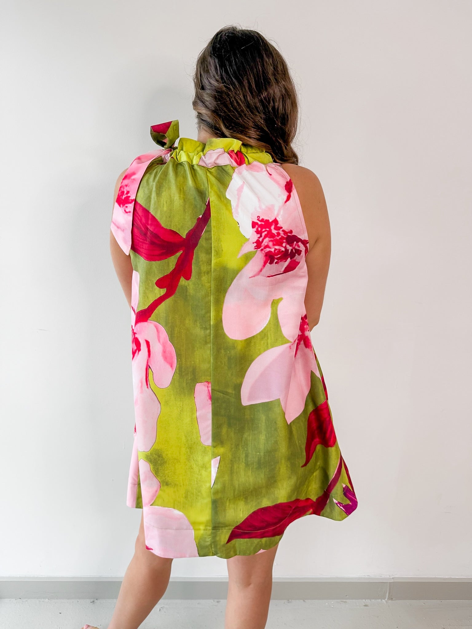 Lime Printed Ruffled Neck Dress